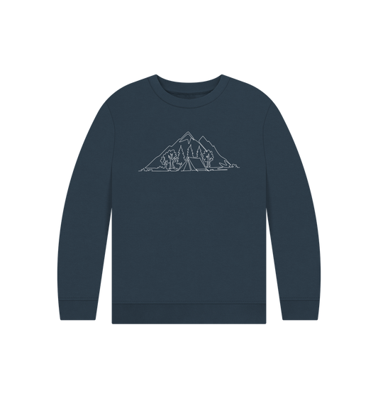 Navy Blue Kid's Camping Organic Cotton Crewneck Sweater (White)