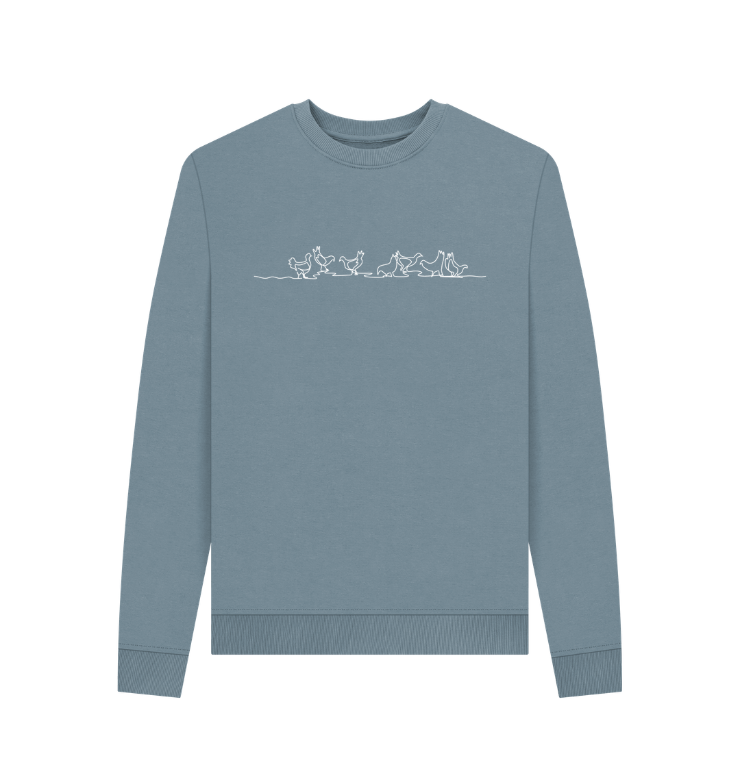 Stone Blue Women's Chickens Organic Cotton Crewneck Sweater (White)