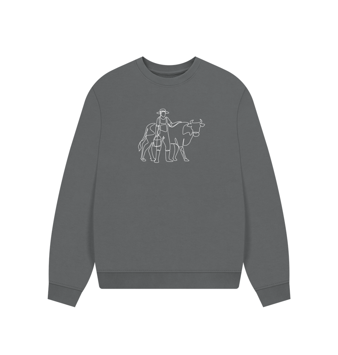 Slate Grey Women's Cow Organic Cotton Oversized Crewneck (White)