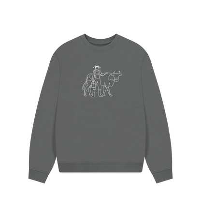 Slate Grey Women's Cow Organic Cotton Oversized Crewneck (White)