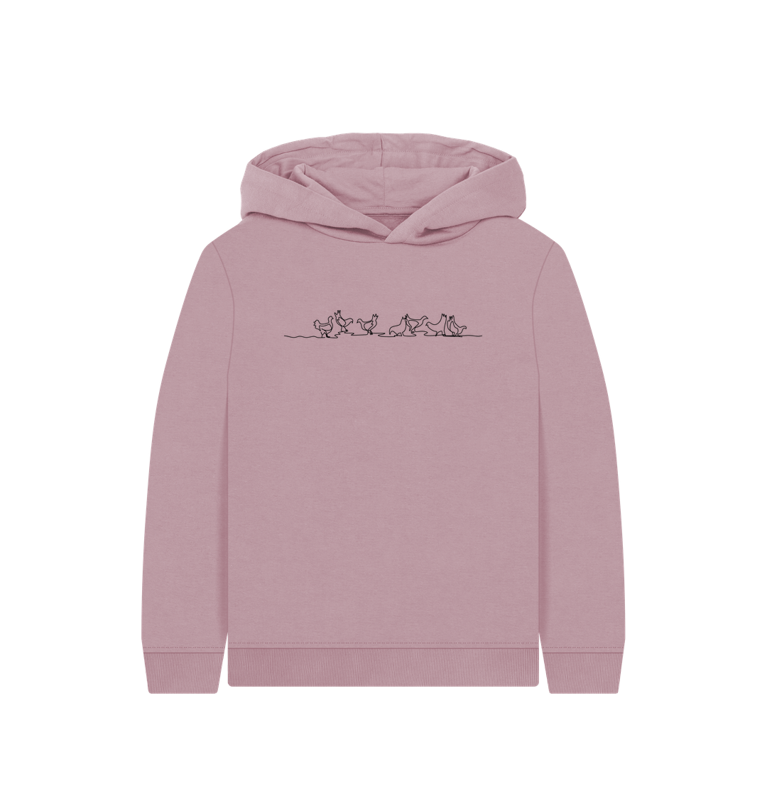 Mauve Kid's Chickens Organic Cotton Pullover Hoodie (Black)