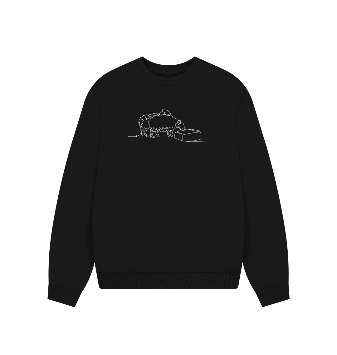 Black Women's Sheep Organic Cotton Oversized Crewneck - White Design