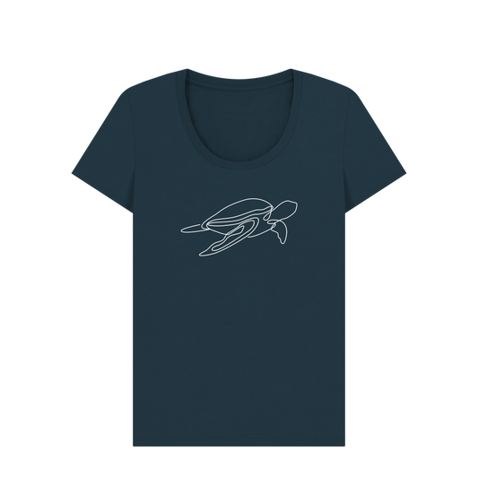 Denim Blue Women's Sea Turtle Organic Cotton Scoop Neck Tee (White)