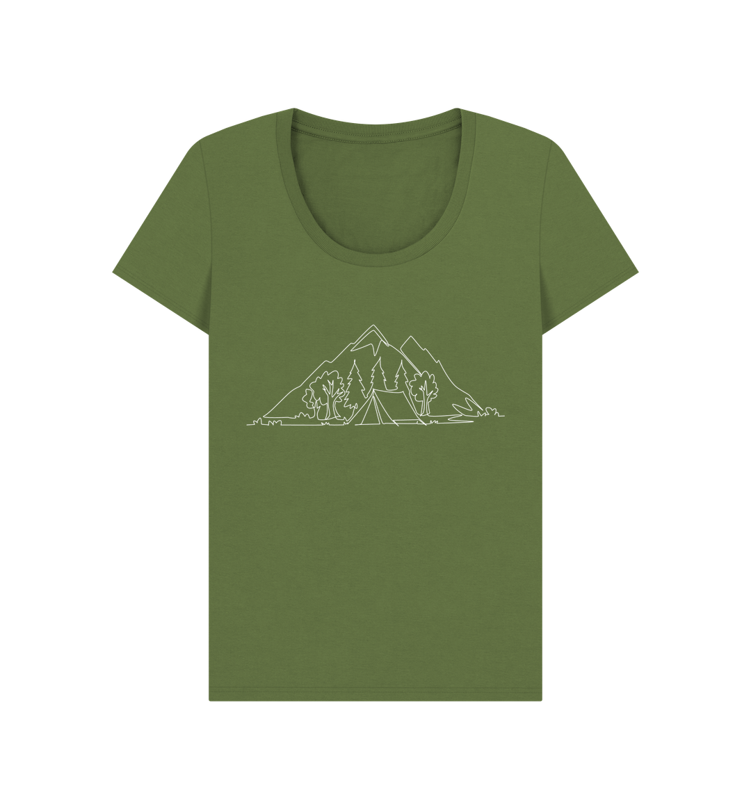 Khaki Women's Camping Scoop Neck T-Shirt - White