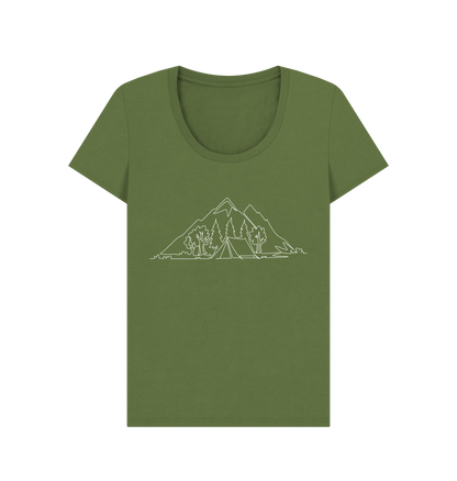 Khaki Women's Camping Scoop Neck T-Shirt - White