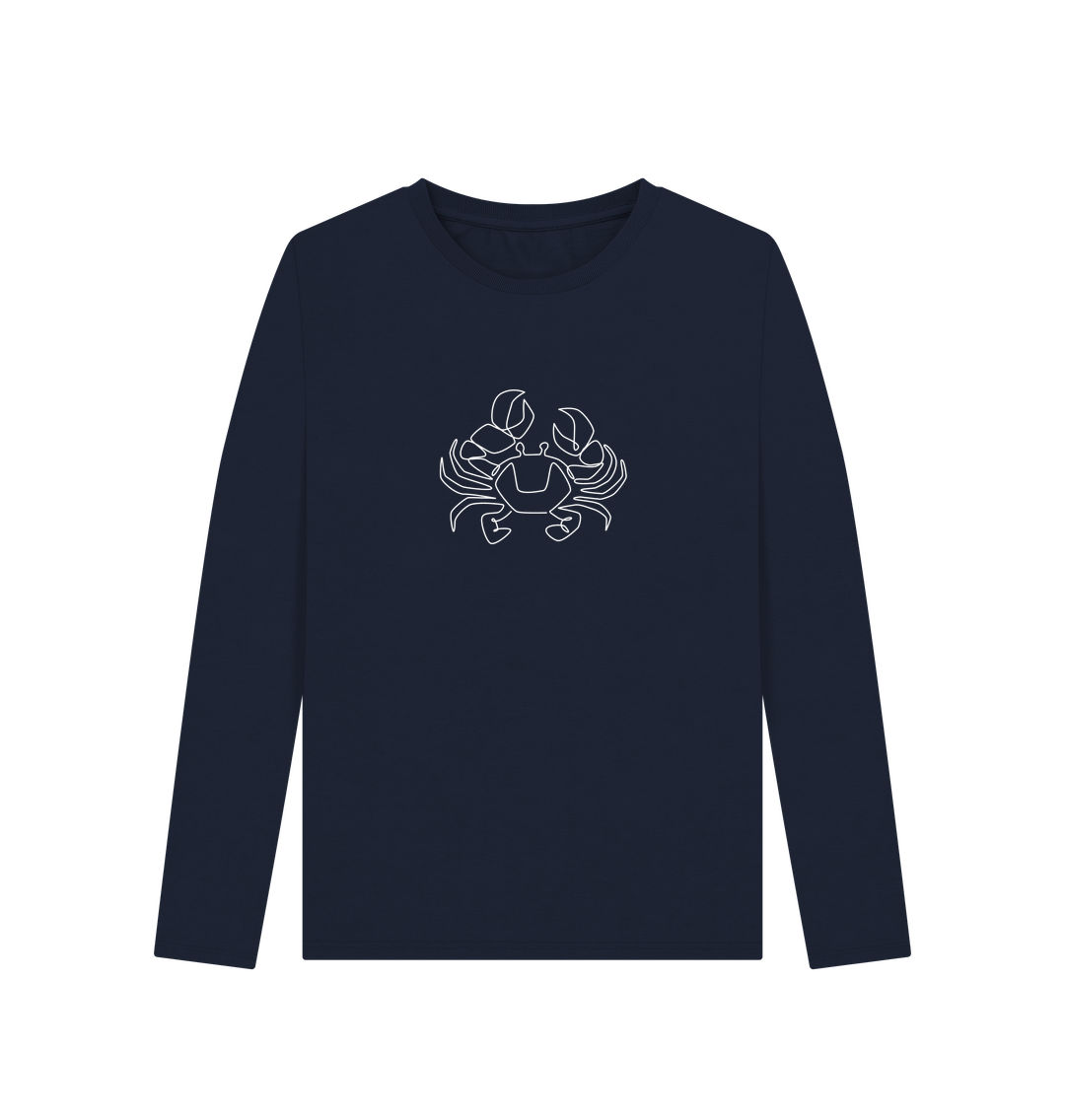 Navy Blue Women's Crab Organic Cotton Long Sleeve Tee (White)