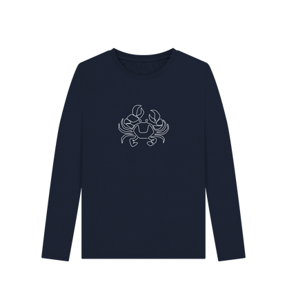 Navy Blue Women's Crab Organic Cotton Long Sleeve Tee (White)