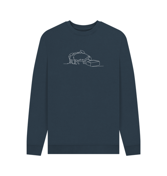 Navy Blue Men's Sheep Organic Cotton Crewneck Sweater (White)