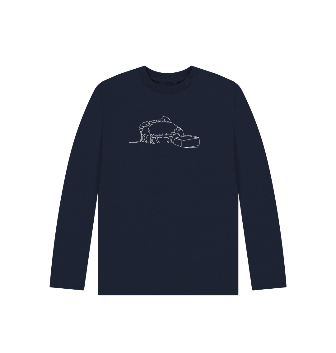 Navy Blue Kid's Sheep Organic Cotton Long Sleeve Tee (White)