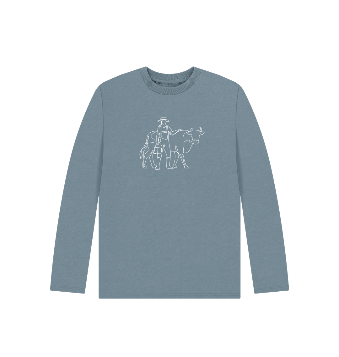 Stone Blue Kid's Cow Organic Cotton Long Sleeve Tee (White)