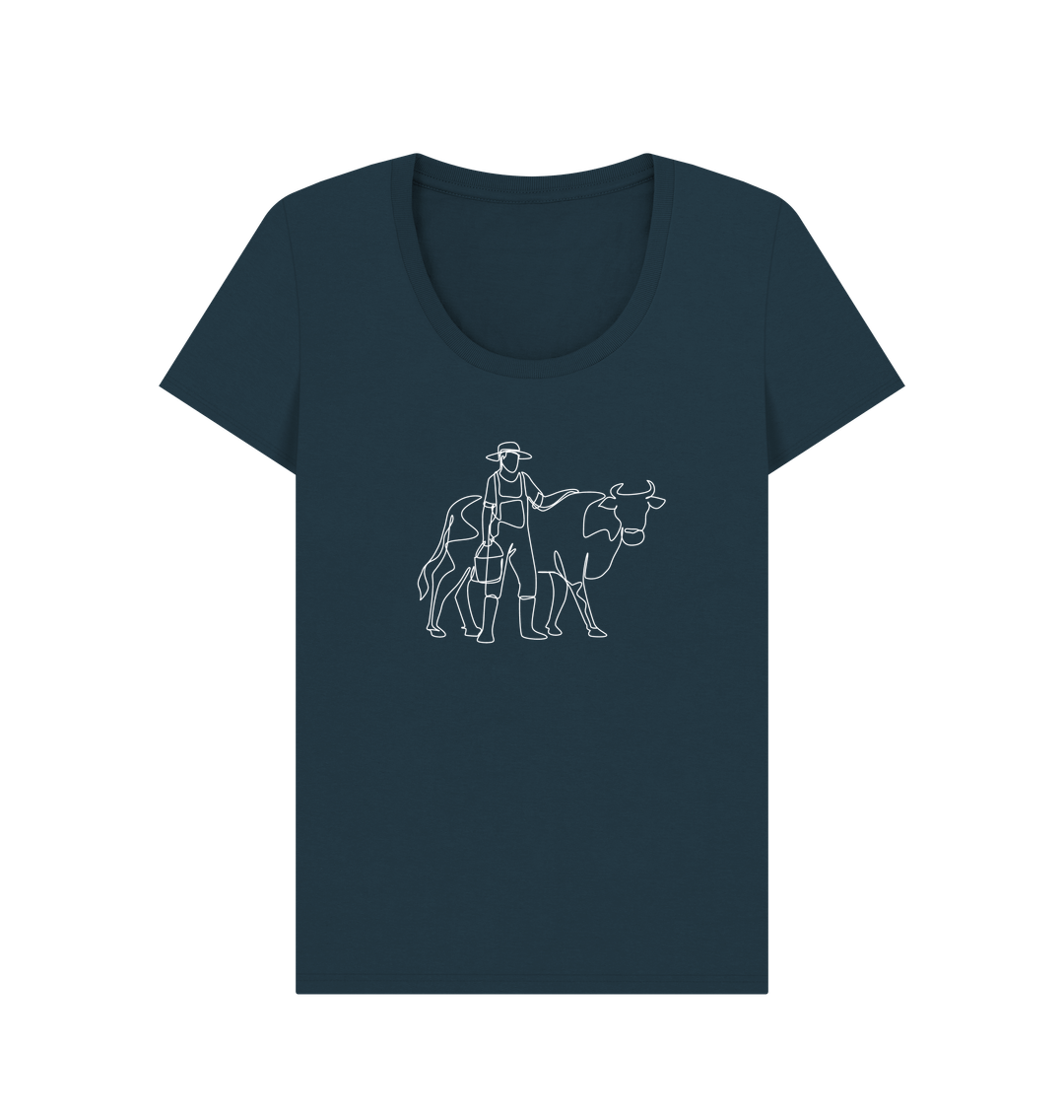 Denim Blue Women's Cow Organic Cotton Scoop Neck Tee (White)