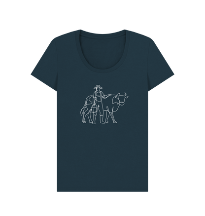 Denim Blue Women's Cow Organic Cotton Scoop Neck Tee (White)