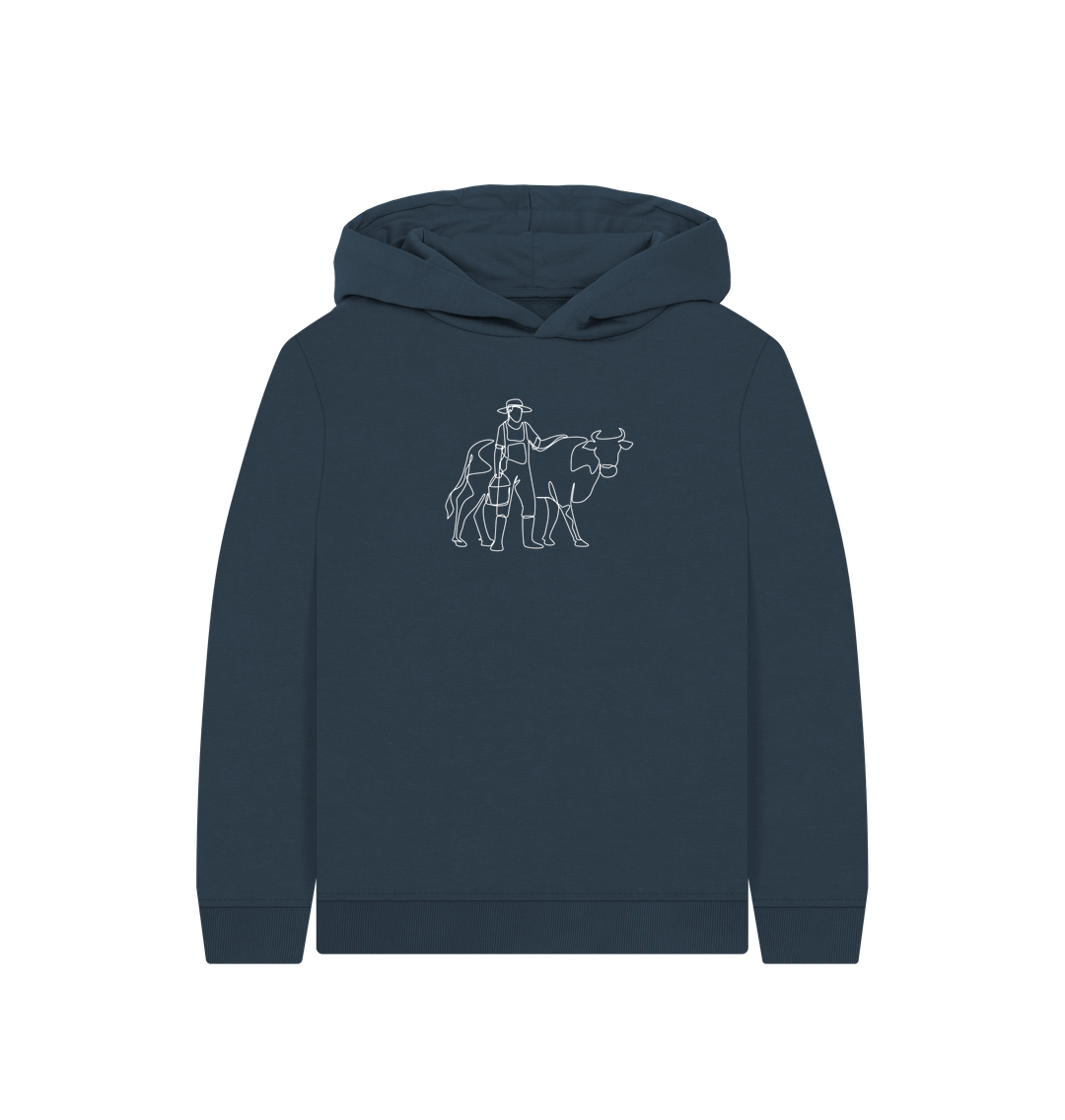 Navy Blue Kid's Cow Organic Cotton Pullover Hoodie (White)