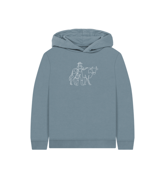 Stone Blue Kid's Cow Organic Cotton Pullover Hoodie (White)