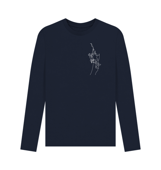 Navy Blue Men's Climber Organic Cotton Long Sleeve Tee - White Design