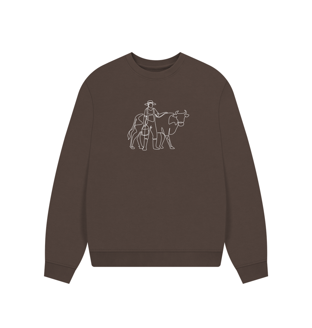 Chocolate Women's Cow Organic Cotton Oversized Crewneck - White Design