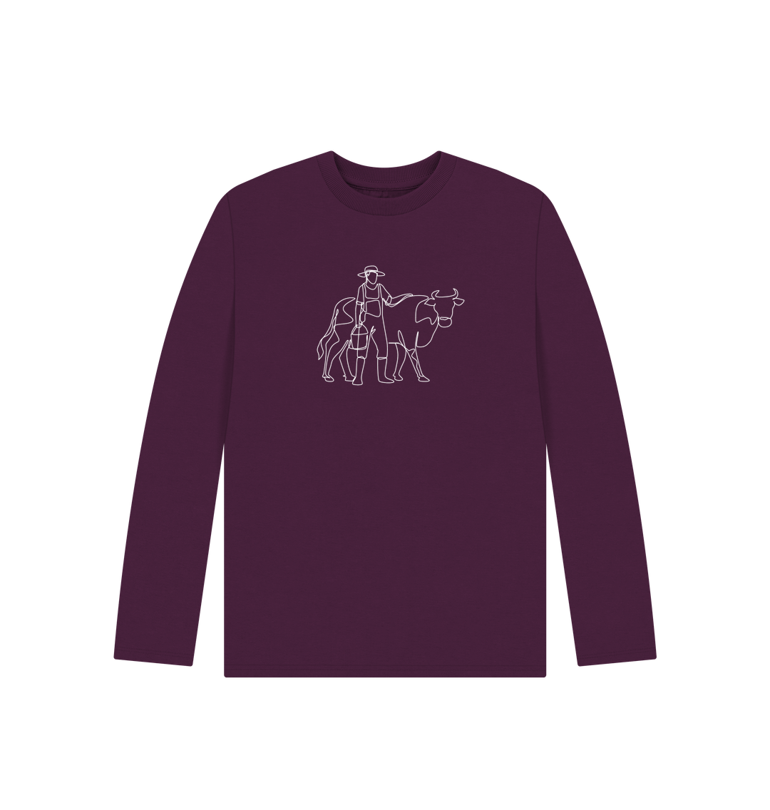 Purple Kid's Cow Organic Cotton Long Sleeve Tee (White)