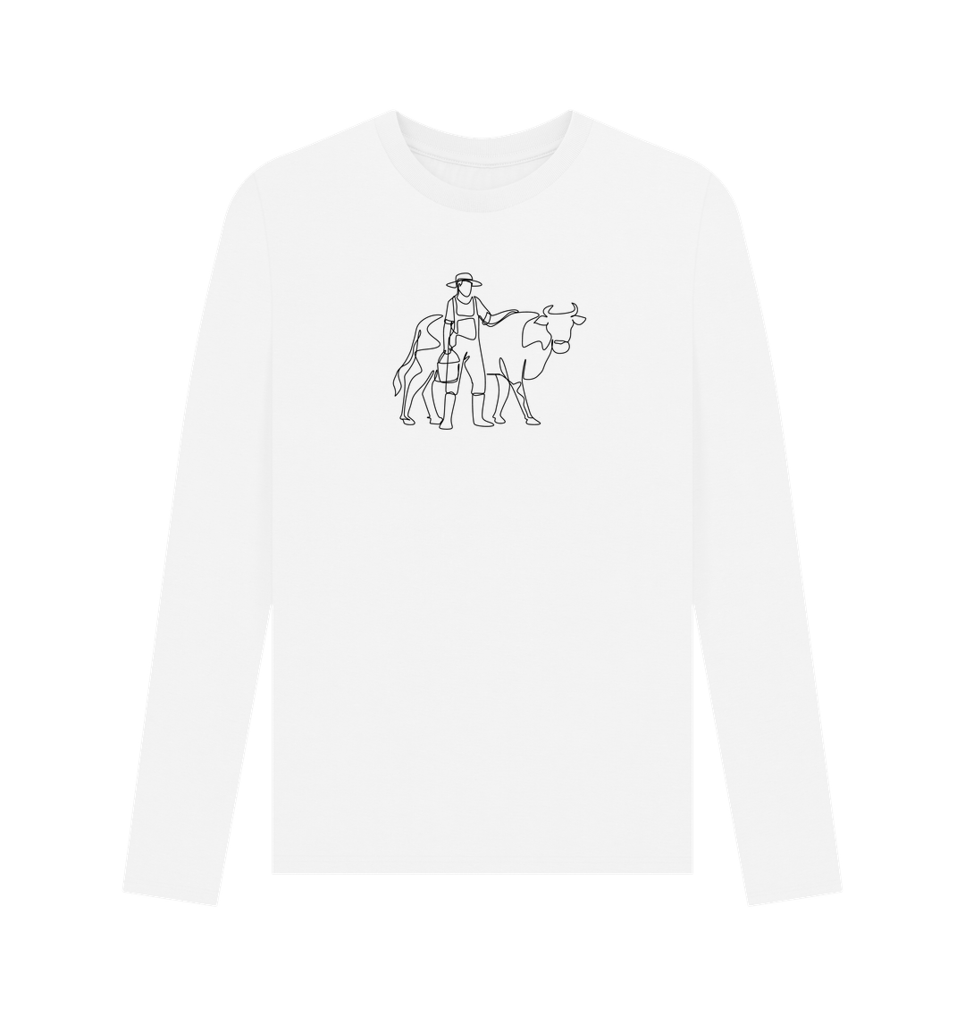 White Men's Cow Organic Cotton Long Sleeve Tee - Black Design