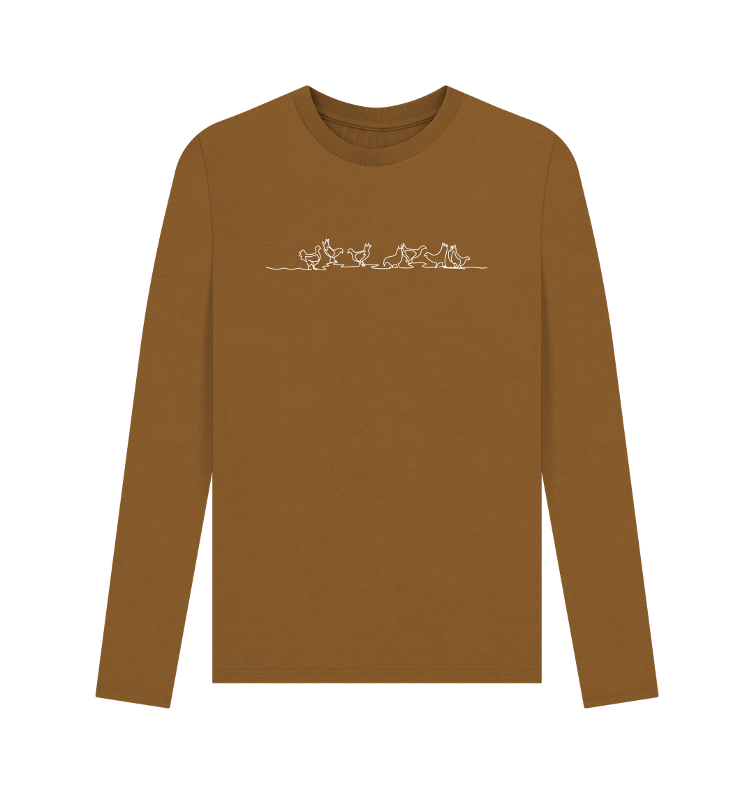 Brown Men's Chickens Organic Cotton Long Sleeve Tee (White)