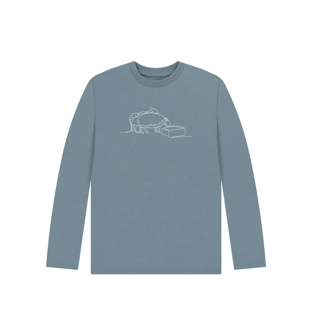 Stone Blue Kid's Sheep Organic Cotton Long Sleeve Tee (White)