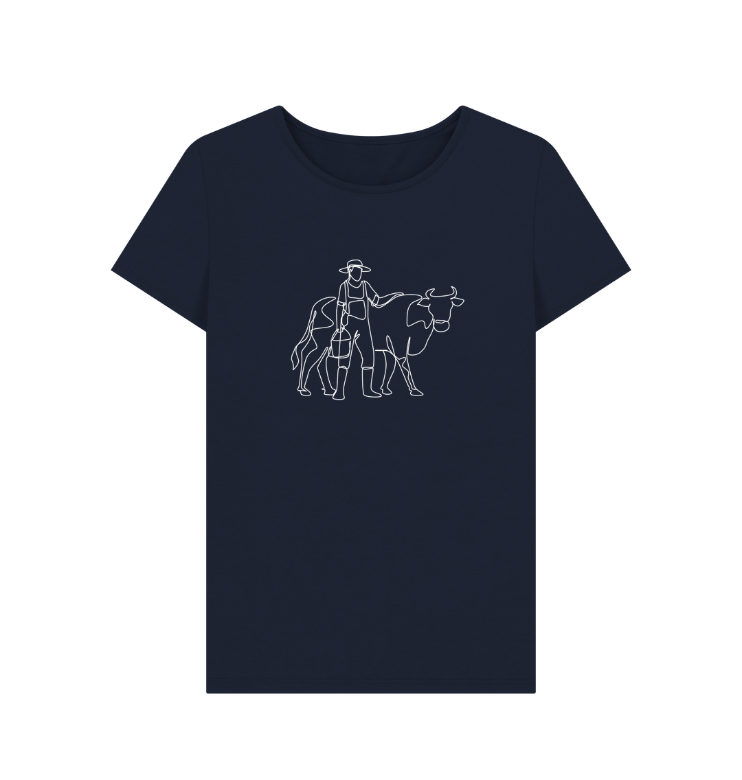 Navy Blue Women's Cow Organic Cotton Crewneck Tee (White)