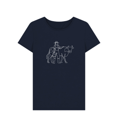 Navy Blue Women's Cow Organic Cotton Crewneck Tee (White)