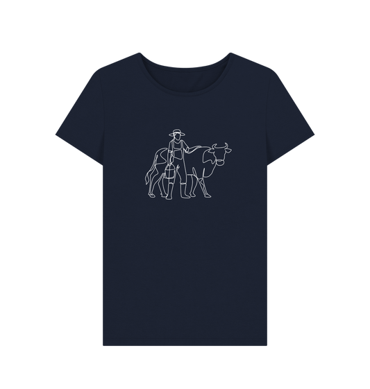 Navy Blue Women's Cow Organic Cotton Crewneck Tee (White)