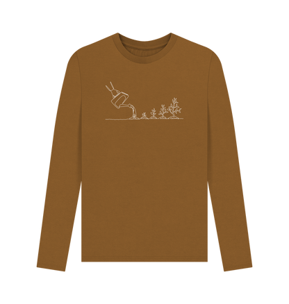 Brown Men's Gardening Organic Cotton Long Sleeve Tee - White Design