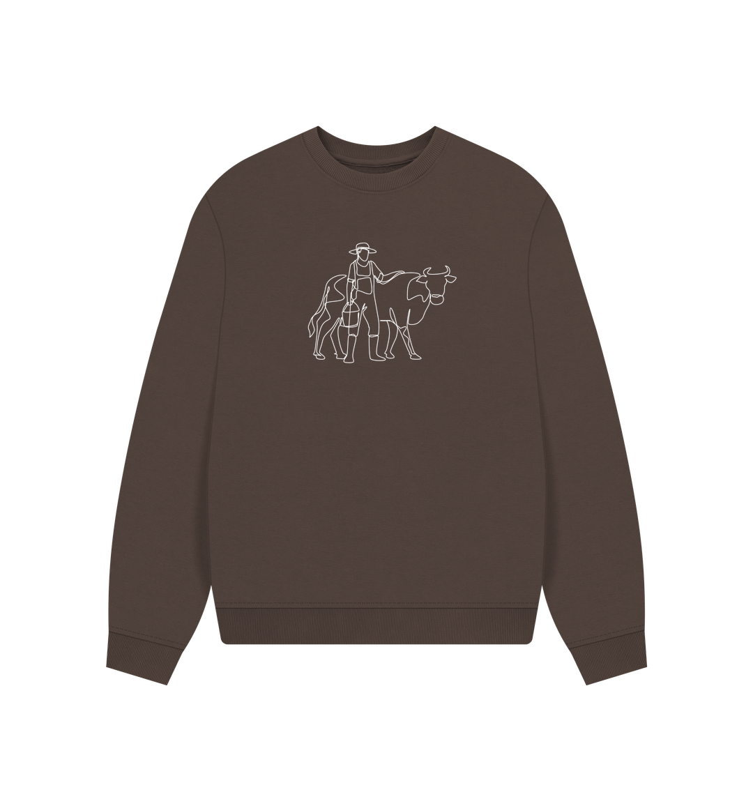 Chocolate Women's Cow Organic Cotton Oversized Crewneck (White)