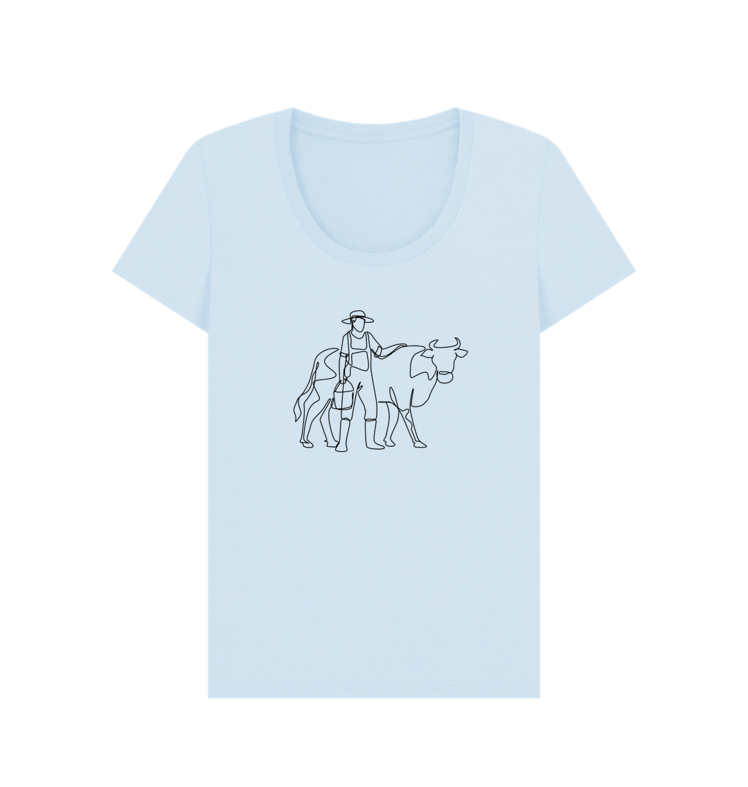 Sky Blue Women's Cow Organic Cotton Scoop Neck Tee (Black)