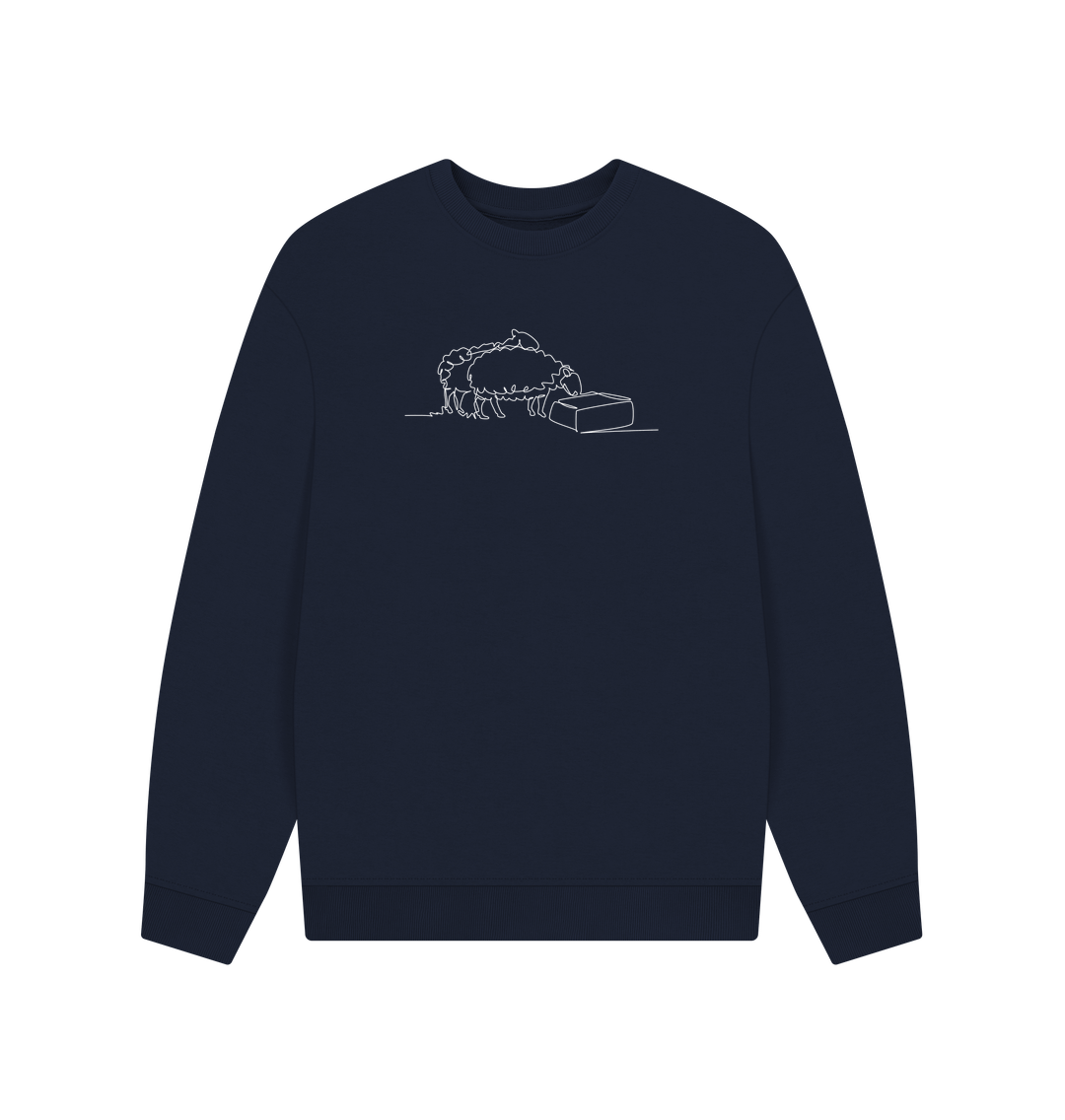 Navy Blue Men's Sheep Organic Cotton Oversized Crewneck - White Design