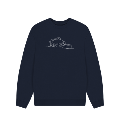 Navy Blue Men's Sheep Organic Cotton Oversized Crewneck - White Design