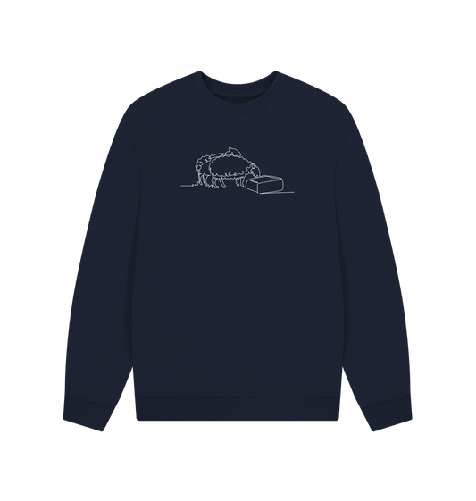 Navy Blue Men's Sheep Organic Cotton Oversized Crewneck - White Design