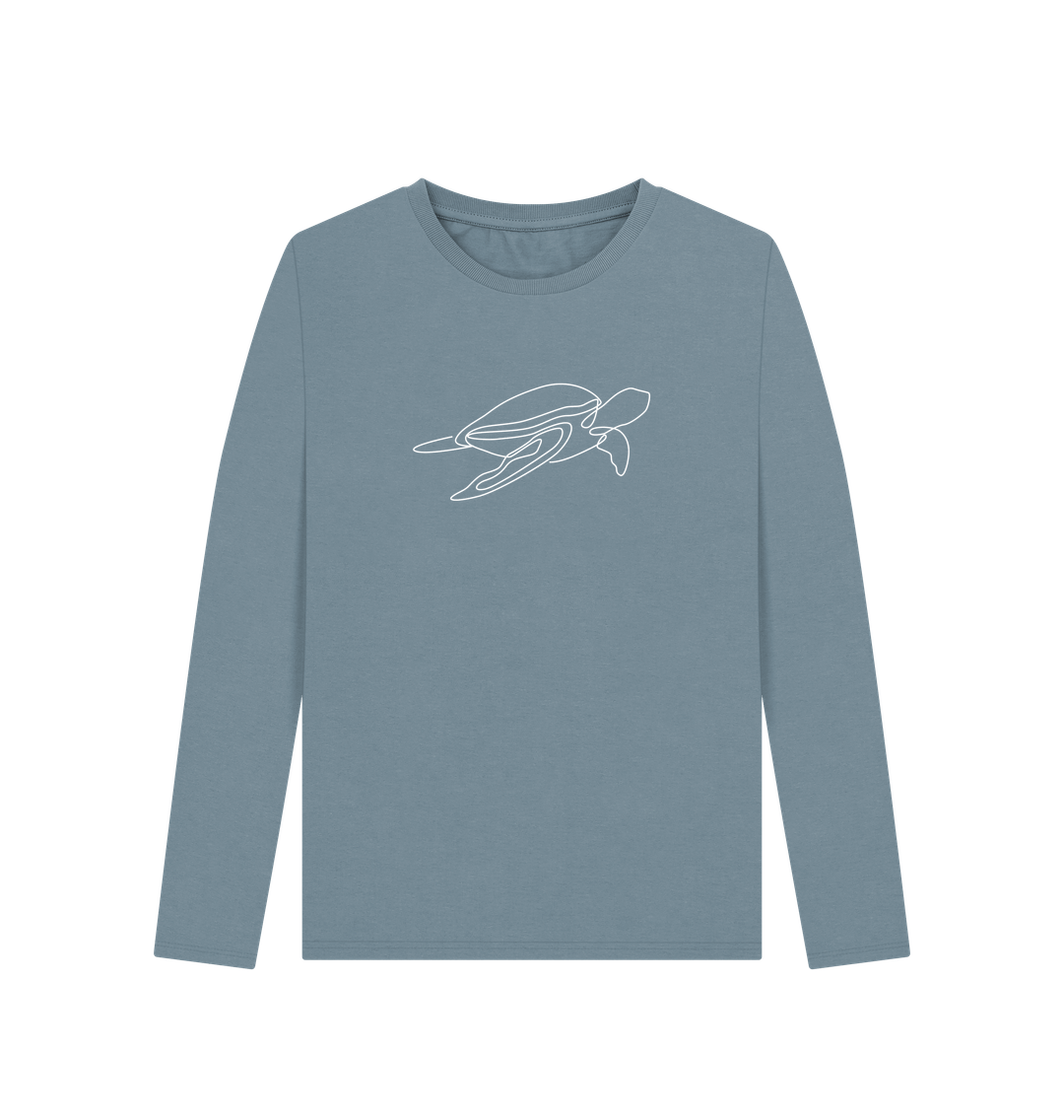 Stone Blue Women's Sea Turtle Organic Cotton Long Sleeve Tee (White)