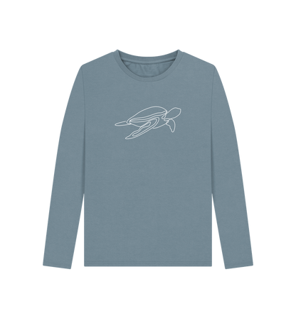 Stone Blue Women's Sea Turtle Organic Cotton Long Sleeve Tee (White)