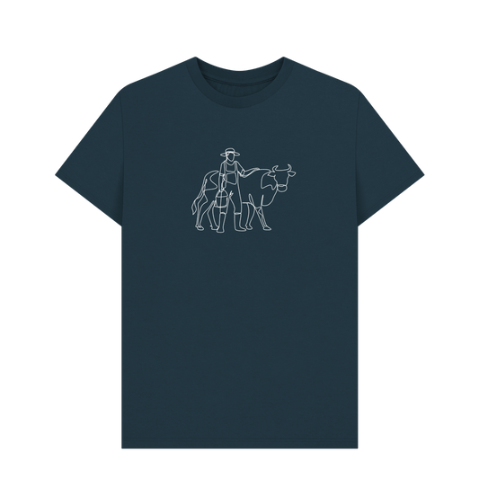 Denim Blue Men's Cow Organic Cotton Basic Tee (White)