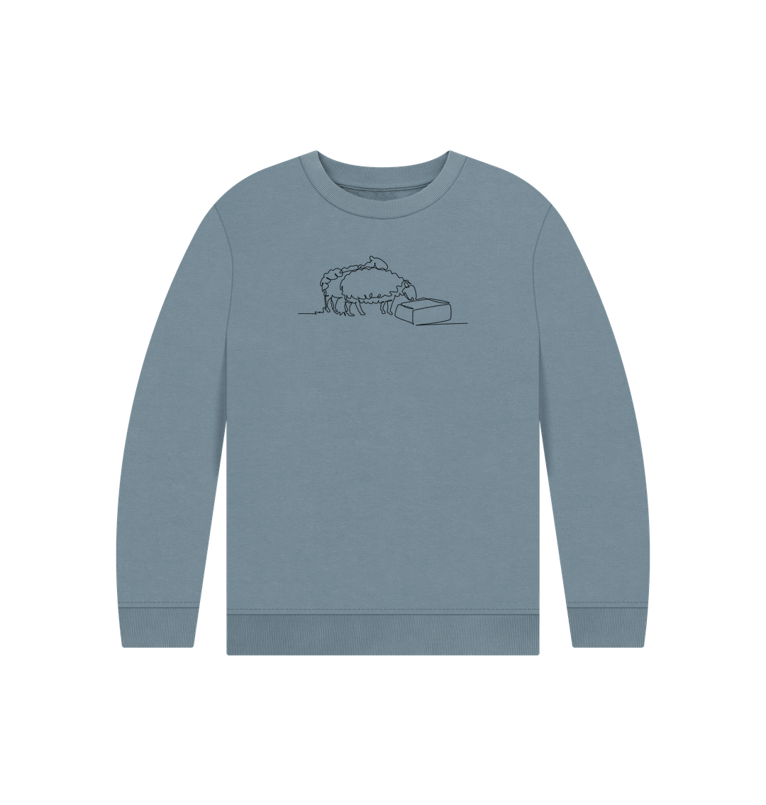 Stone Blue Kid's Sheep Organic Cotton Crewneck Sweater (Black)