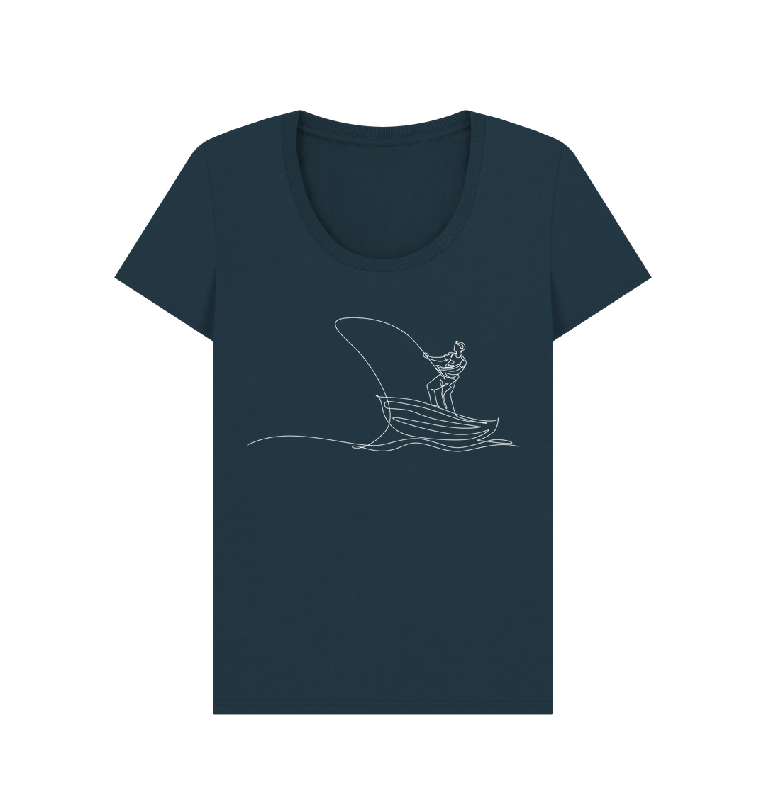 Denim Blue Women's Fisherman Organic Cotton Scoop Neck Tee (White)