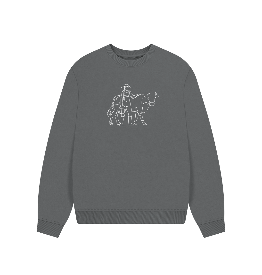 Slate Grey Women's Cow Organic Cotton Oversized Crewneck - White Design