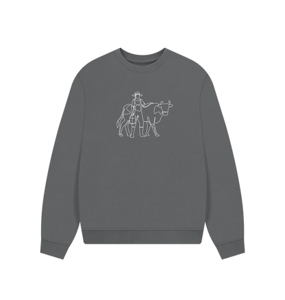 Slate Grey Women's Cow Organic Cotton Oversized Crewneck - White Design