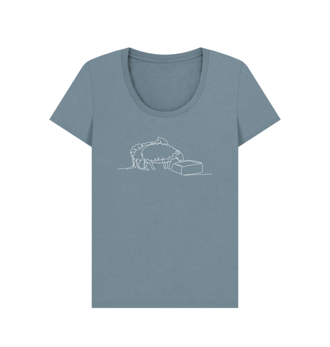 Stone Blue Women's Sheep Organic Cotton Scoop Neck Tee (White)