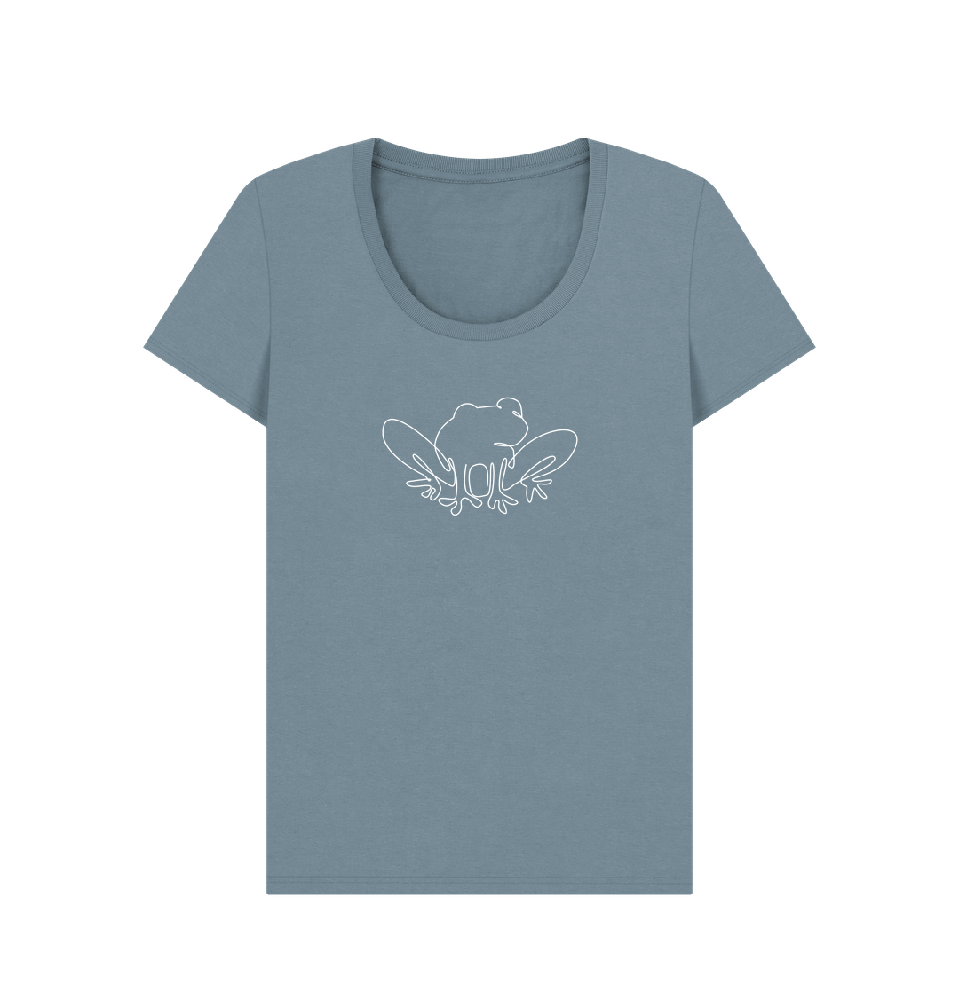 Stone Blue Women's Frog Organic Cotton Scoop Neck Tee (White)