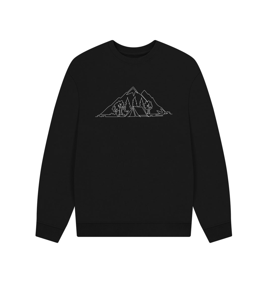 Black Men's Camping Organic Cotton Oversized Crewneck - White Design