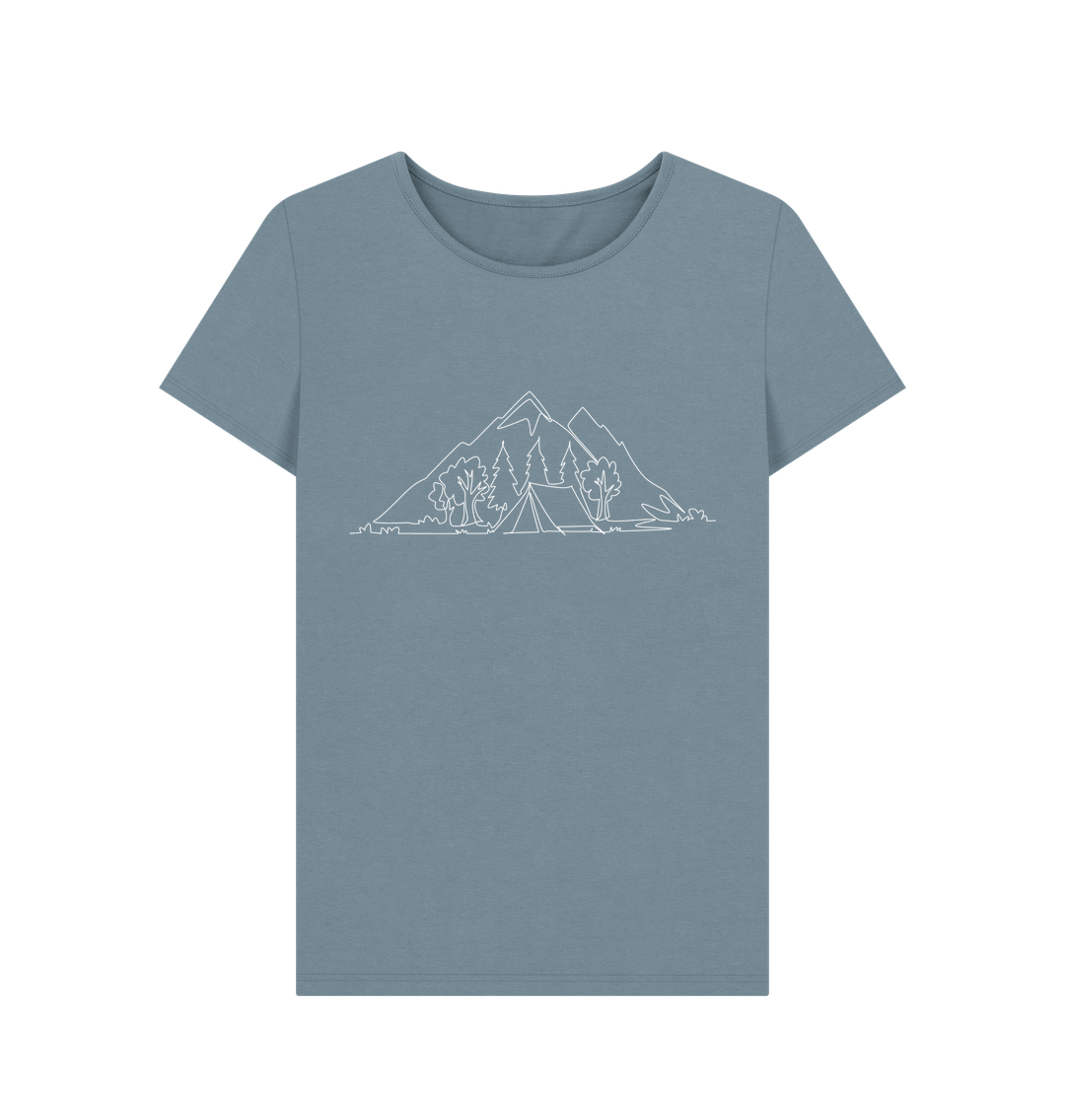 Stone Blue Women's Camping Organic Cotton Crewneck Tee (White)