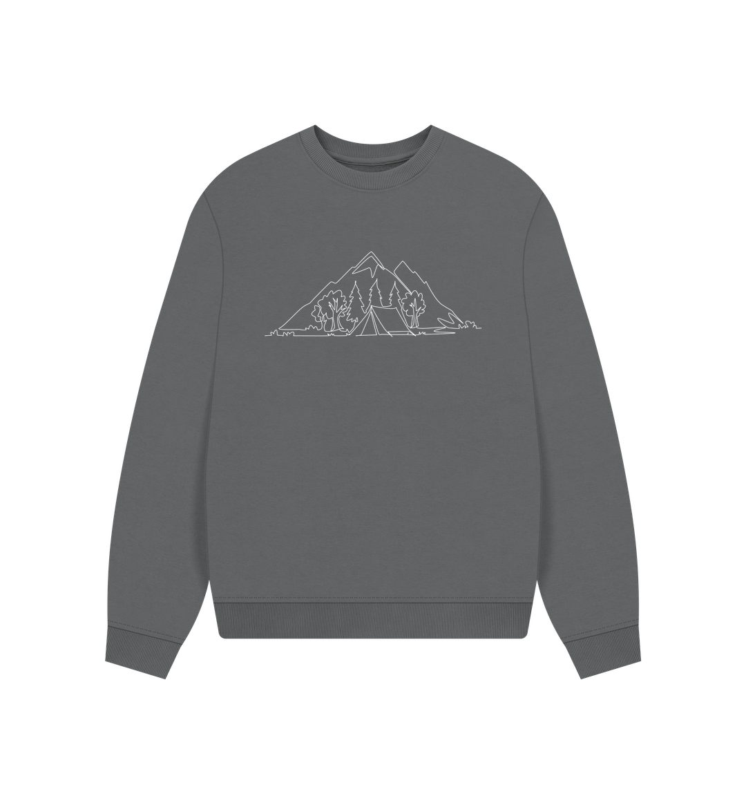 Slate Grey Women's Camping Organic Cotton Oversized Crewneck - White Design