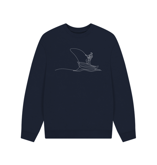 Navy Blue Men's Fisherman Organic Cotton Oversized Crewneck - White Design