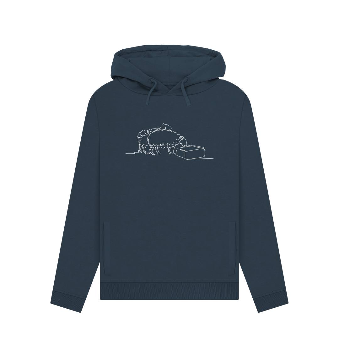 Navy Blue Women's Sheep Organic Cotton Pullover Hoodie (White)