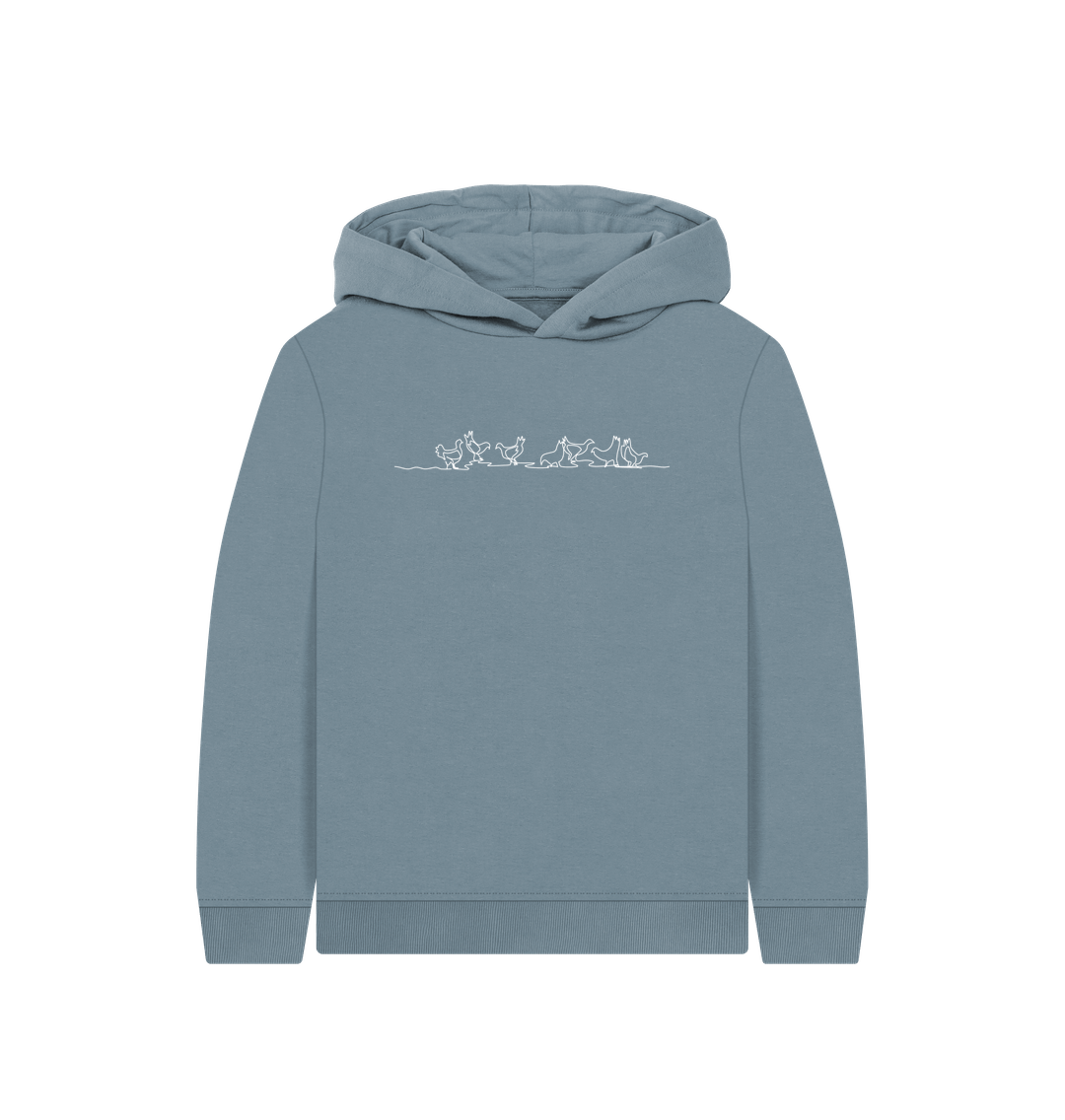 Stone Blue Kid's Chickens Organic Cotton Pullover Hoodie (White)