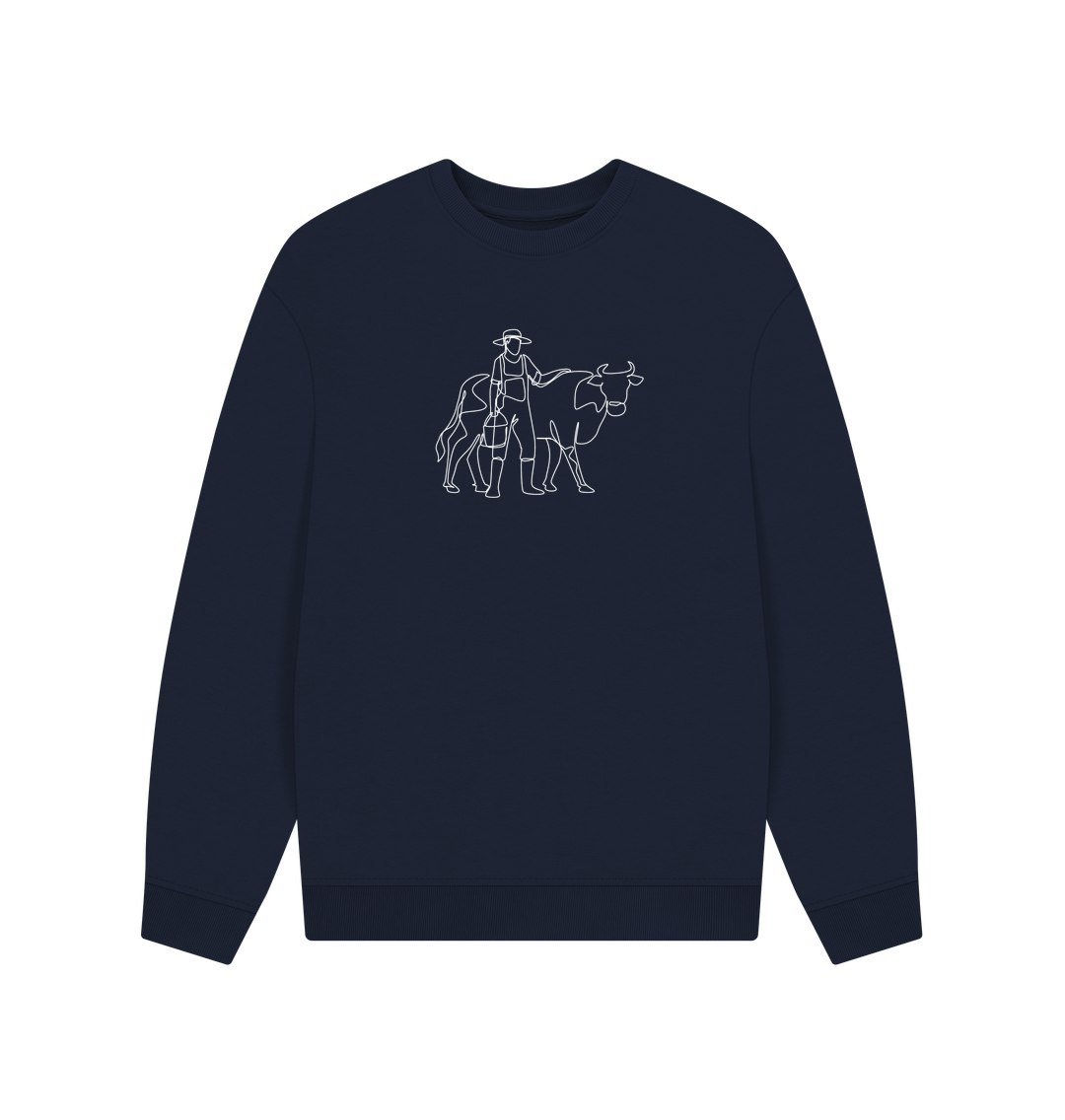 Navy Blue Men's Cow Organic Cotton Oversized Crewneck - White Design