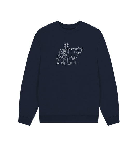 Navy Blue Men's Cow Organic Cotton Oversized Crewneck - White Design